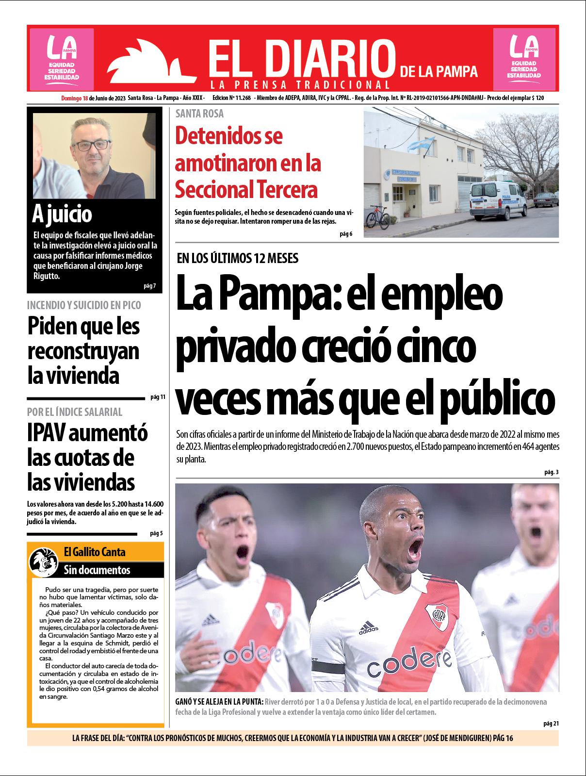 Tapa de El Diario en papel  domingo 18 de junio de 2023